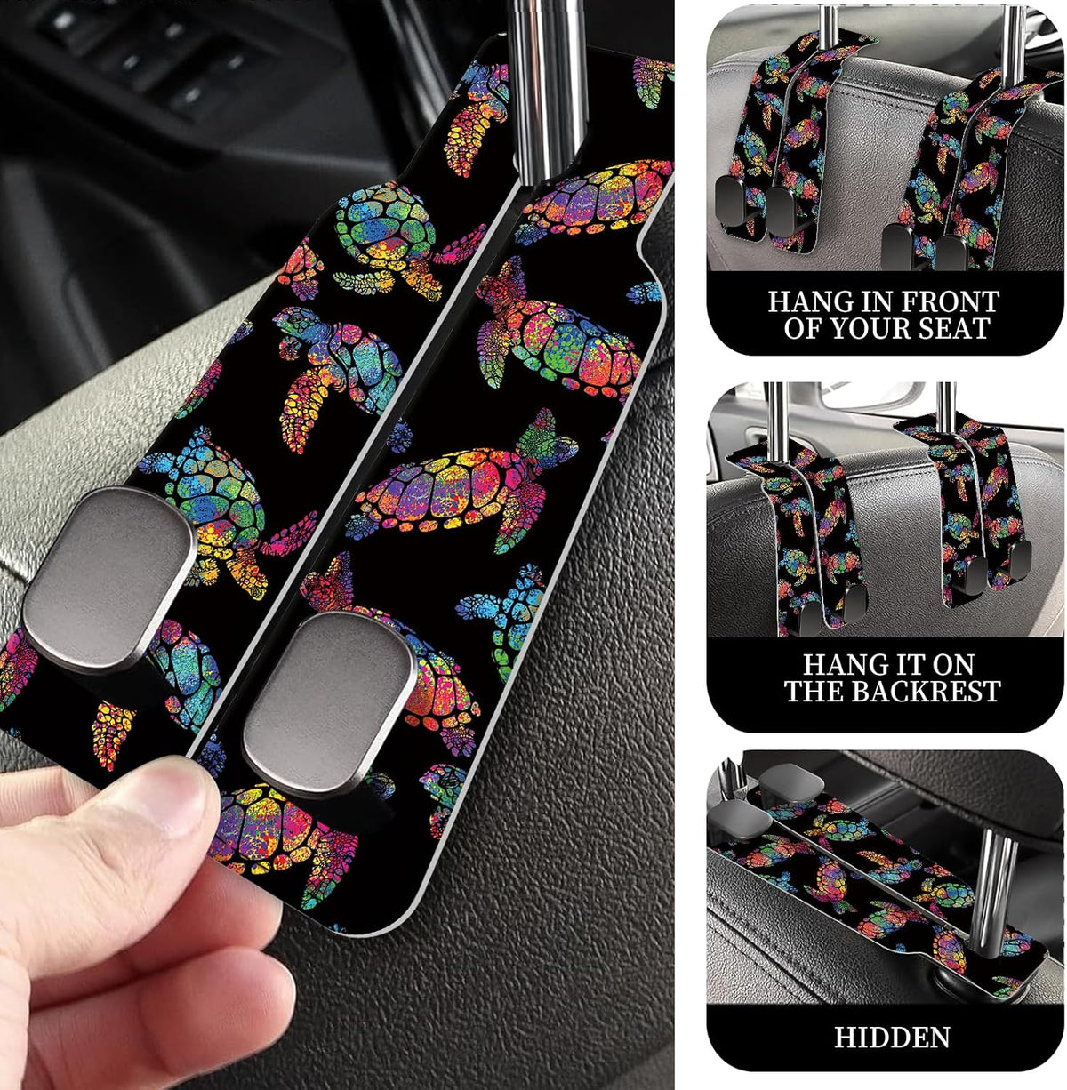 PU Leather Car Seat Hook, Storage Headrest Hanger, Cute Car Backseat Organizer, Car Hooks For Purses and Bags Rainbow Sea Turtles