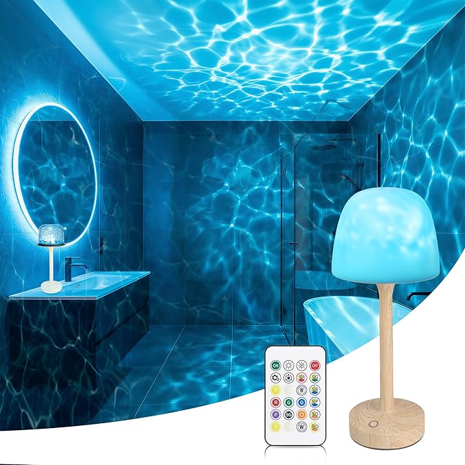 Waterproof Shower Lamp for Inside Shower, Rechargeable Bathroom Lamp with Remote & Touch Control, Cordless Shower Light with 16 Color Changeable, LED Ocean Wave Projector Light for Bedroom, Wood Grain