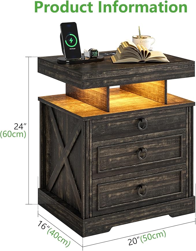 HNEBC Nightstand with Gun Drawers, LED Farmhouse Night Stand with Charging Station, Smart End Table with 3 Color Auto Light, Bedside tabel with Hidden Compartment for Bedroom Furniture-Brown
