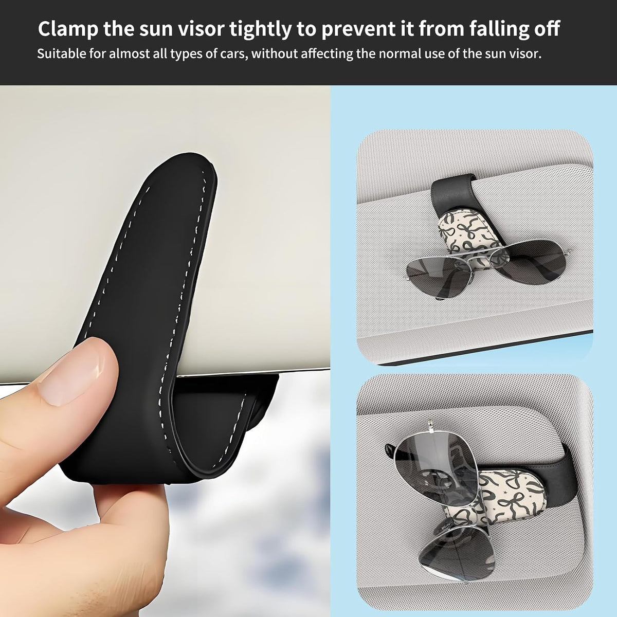 Sunglasses Holder for Car Visor, PU Leather Glasses Clip Organizer, Cute Magnetic Eyeglass Holder for Vehicle Sun Visor, Car Interior Accessory for Women & Men Black Bow Sketch