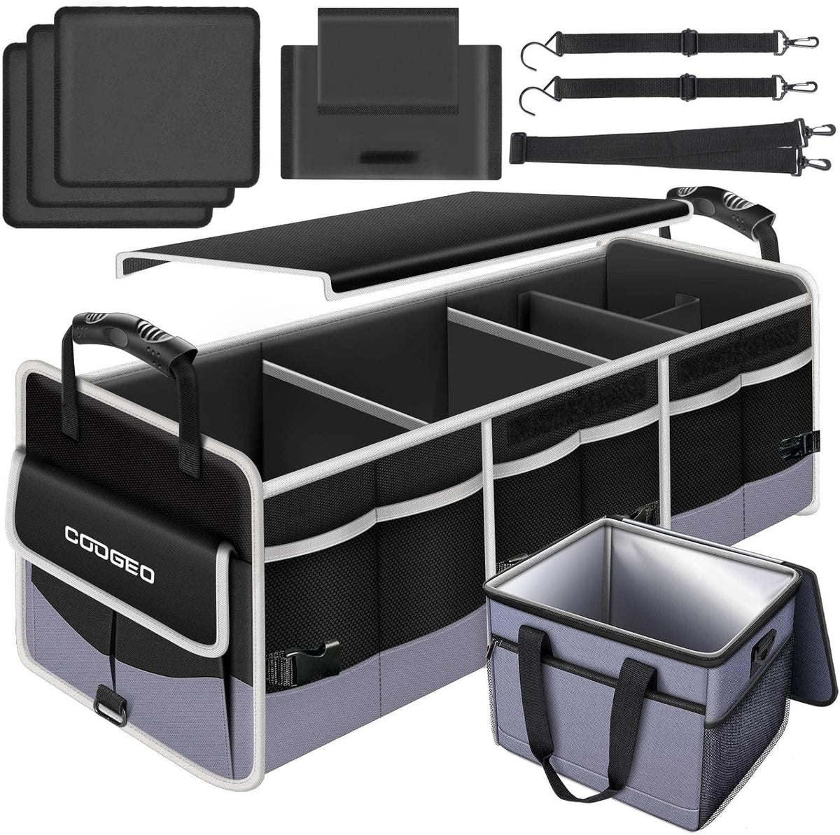 Car Trunk Organizer with Portable Leak Proof Cooler Bag, 3 Compartments Collapsible Car Organizers and Storage with Foldable Cover, Fathers Day Dad Gifts, Suitable for SUV, Auto, Truck, Minivan