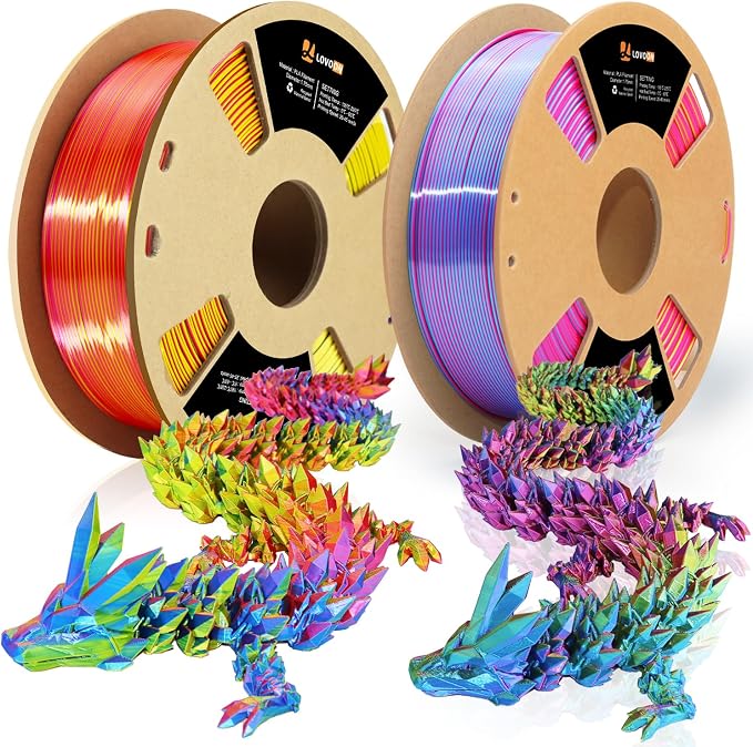 LOVOON Silk PLA 3D Printer Filament Bundle 2 KG, PLA Filament 1.75mm, Shiny