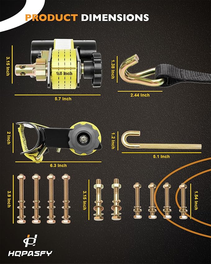 Rack Ratchet Straps, W/J-Hook (2PCS), 2" Black Round Tube Mount, 1.5" Wide x 7.5' Long, Yellow Ladder Rack Ratchet Straps, 500 lbs Load Heavy Duty, Truck/Lumber Rack Straps, Pipe/Roof Rack Straps