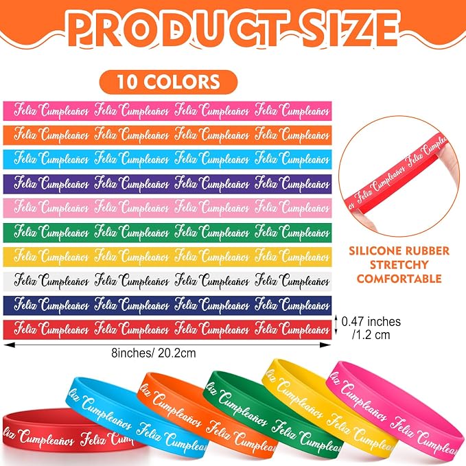 100 Pcs Spanish Happy Birthday Rubber Bracelets Bulk 10 Assorted Color Feliz