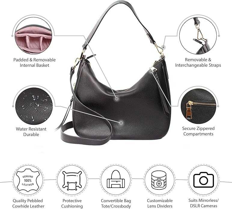 Meliae Camera Bag for Women, DSLR Mirrorless Camera Purse, Leather Shoulder