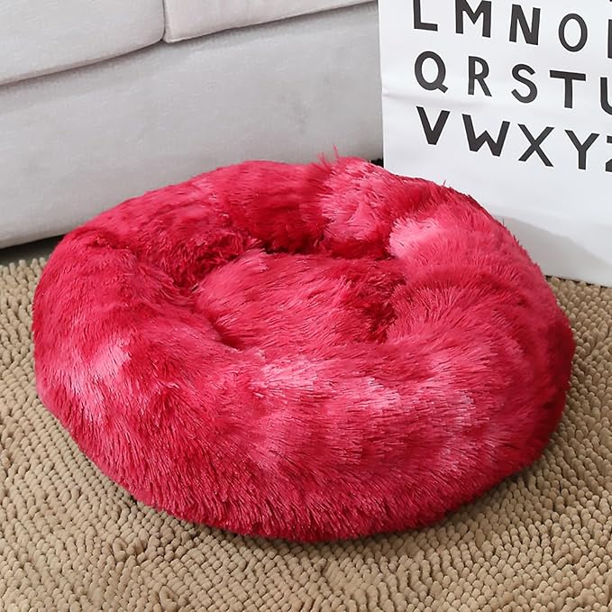 Calming Dog Bed for Small Dogs, Calming Donut Cuddler Pet Bed Anti Anxiety Round Dog Bed Fluffy Plush Faux Fur Cat Bed,Wine red,15.7IN