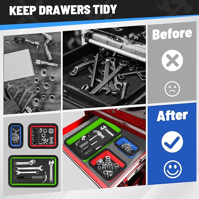 Collapsible Magnetic Parts Tray Set - 3 Different Size Tool Trays for Screw, Bolts, Nuts, Washers, Pins and Other Small Metal Parts, Mechanic Tool Gifts for Men - Red Blue Green