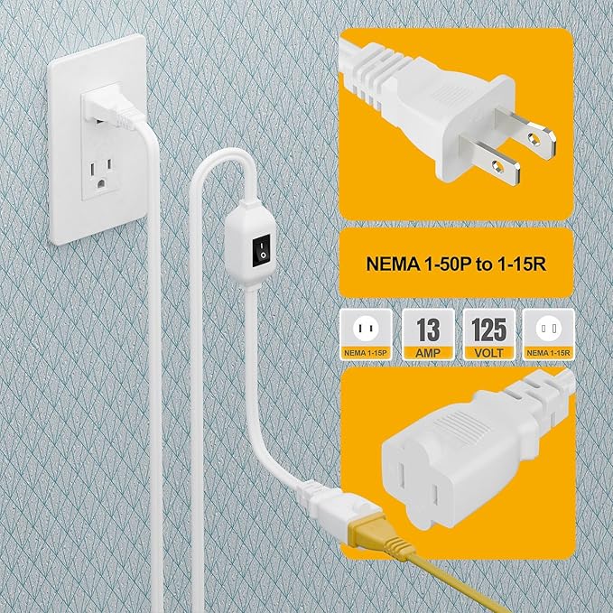 6FT On Off Switch Extension Cord, Plugrand 2-Prong Polarized Extension Cord with On-Off Inline Switch 12A 125V for Your Chargers/Lamp/Power Adapters Etc, 16AWG Cord White