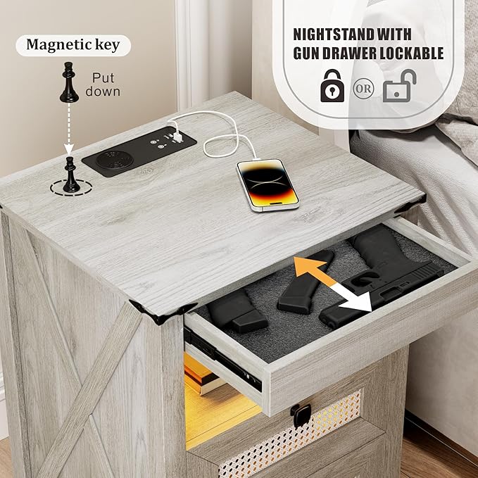Night Stand with Gun Drawer, Bedside Table with Charging Station & LED Light, Gun Nightstand for Bedroom Living Room, Rustic Grey