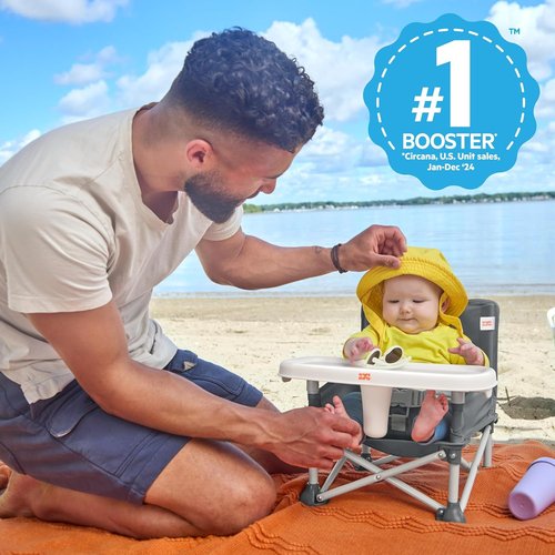 Bright Starts Pop 'N Sit Portable Booster - Versatile Floor Seat with Feeding Tray, Grey | 6 Mos - 3 Yrs