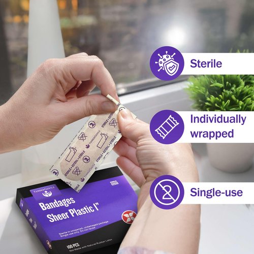 Adhesive Bandage - Box of 100 1" Flexible Sheer Plastic Bandages for Cuts, Scrapes, Burns - Latex Free, Sterile Small Bandages