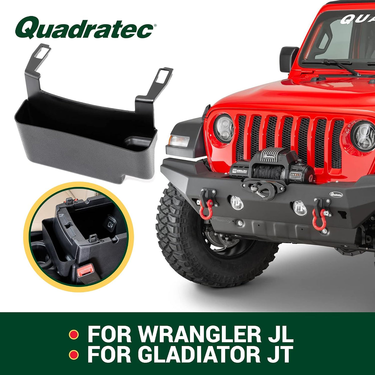 Quadratec Center Console Storage Organizer Tray - Fits Jeep Wrangler JL, JLU & Gladiator JT 2018-2022 - Non-Slip Liner - Small Item Phone, Keys, Money, Change, Holder - Interior Jeep Accessories