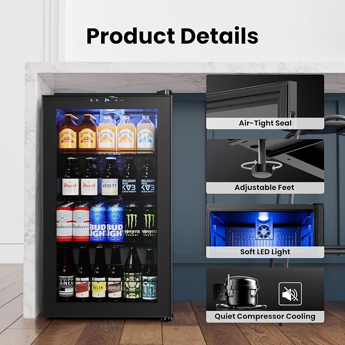 Yeego Beverage Refrigerator, 130 Can Mini Fridge with Glass Door, Adjustable Shelves, Digital Temperature Control 34°F-54°F, Drink Cooler for Soda, Beer and Wine, Freestanding or Under Counter, Black