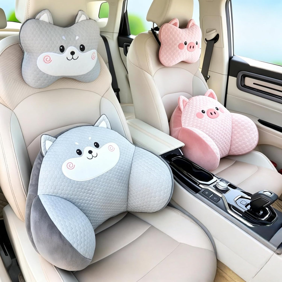 Car Neck Pillow and Lumbar Support Set, Cute Animal Soft Plush Ergonomic Back Cushion for Driving, Travel Seat Headrest Pillow(Set of 2) (Dog)