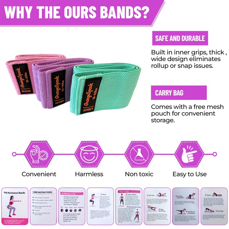 OrangeSpark Resistance Bands – Premium Workout Bands for Women & Men, 3-Piece Stretch Band Set for Glutes, Legs, Pilates & Strength Training (Pink)
