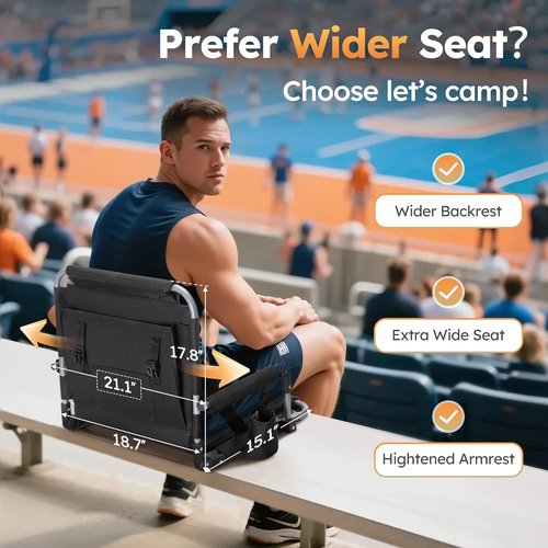 LET'S CAMP Folding Stadium Seat - Portable Bleacher Chair with Cup Holder & Mesh Bag | Comfortable Back Support