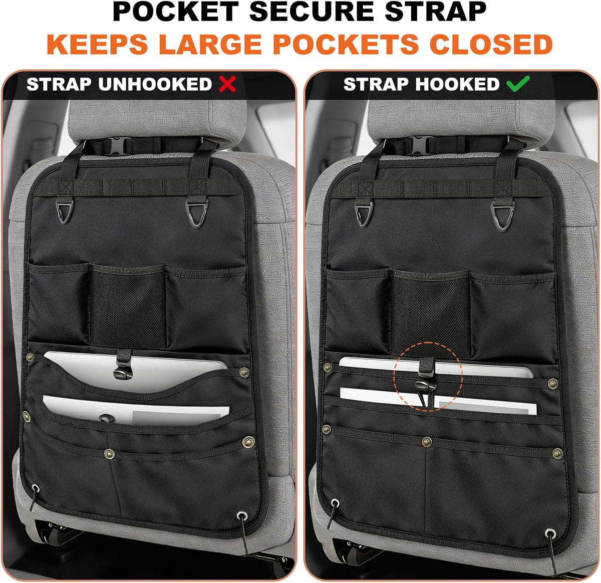 1 Pack Backseat Car Organizer, Heavy Duty Nylon Seat Back Organizer with 7 Storage Pockets, Anti-Swing Straps & Modular Webbing Panel for Cars, Work Trucks, SUVs, and Pickups