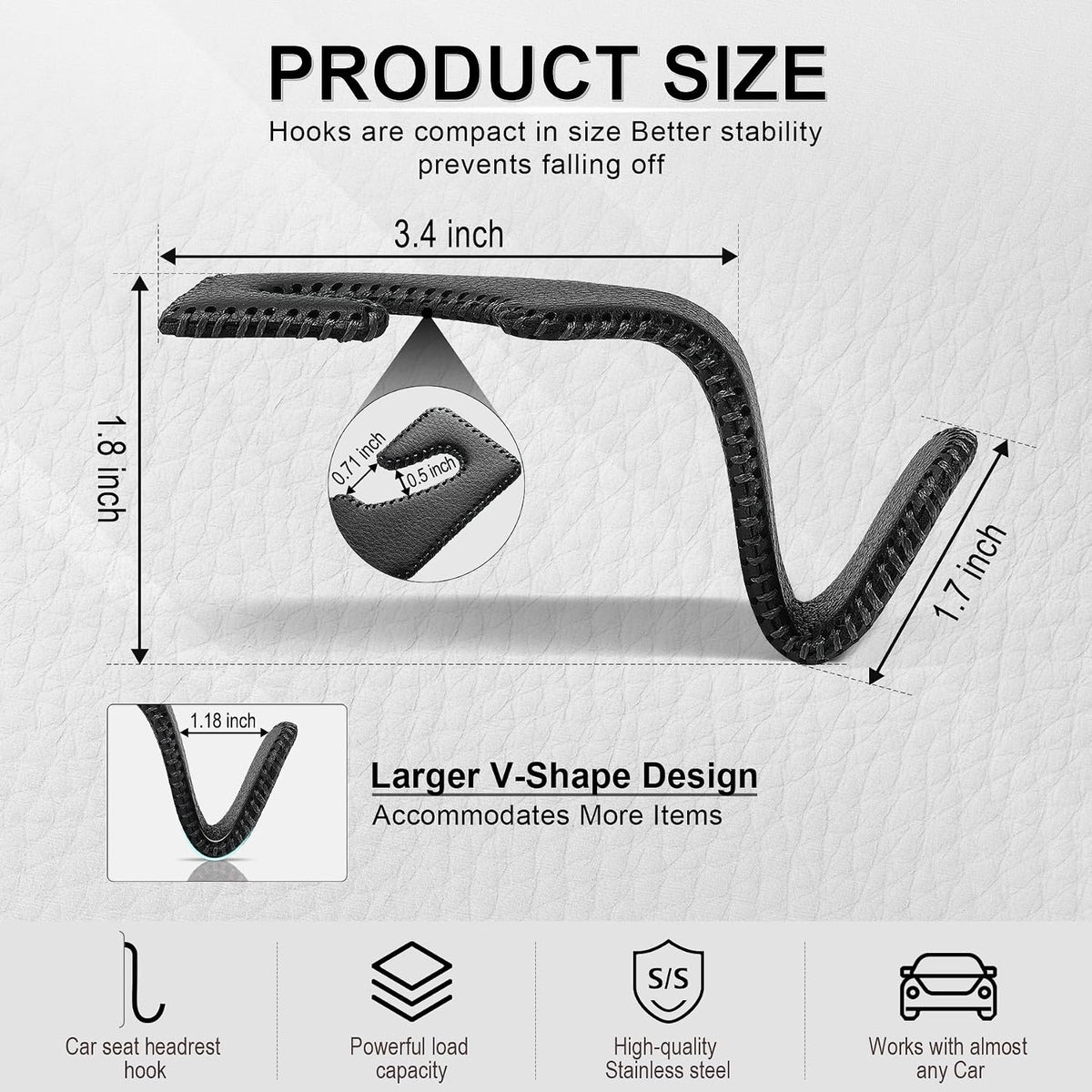 LivTee Headrest Hook for Car, Back Seat Organizer Black Leather Hanger Holder Hook, Interior Car Accessories for Hanging Purses Bags Coats, 4 Pack
