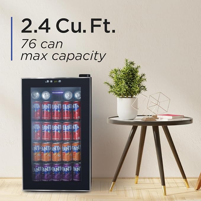 BLACK+DECKER 2.4 Cu. Ft. Beverage Cooler, BDB26HB | Beverage Fridge with Double Pane Glass Door, Drink Fridge with 76-Can Capacity for Home Bar, Home Office and More