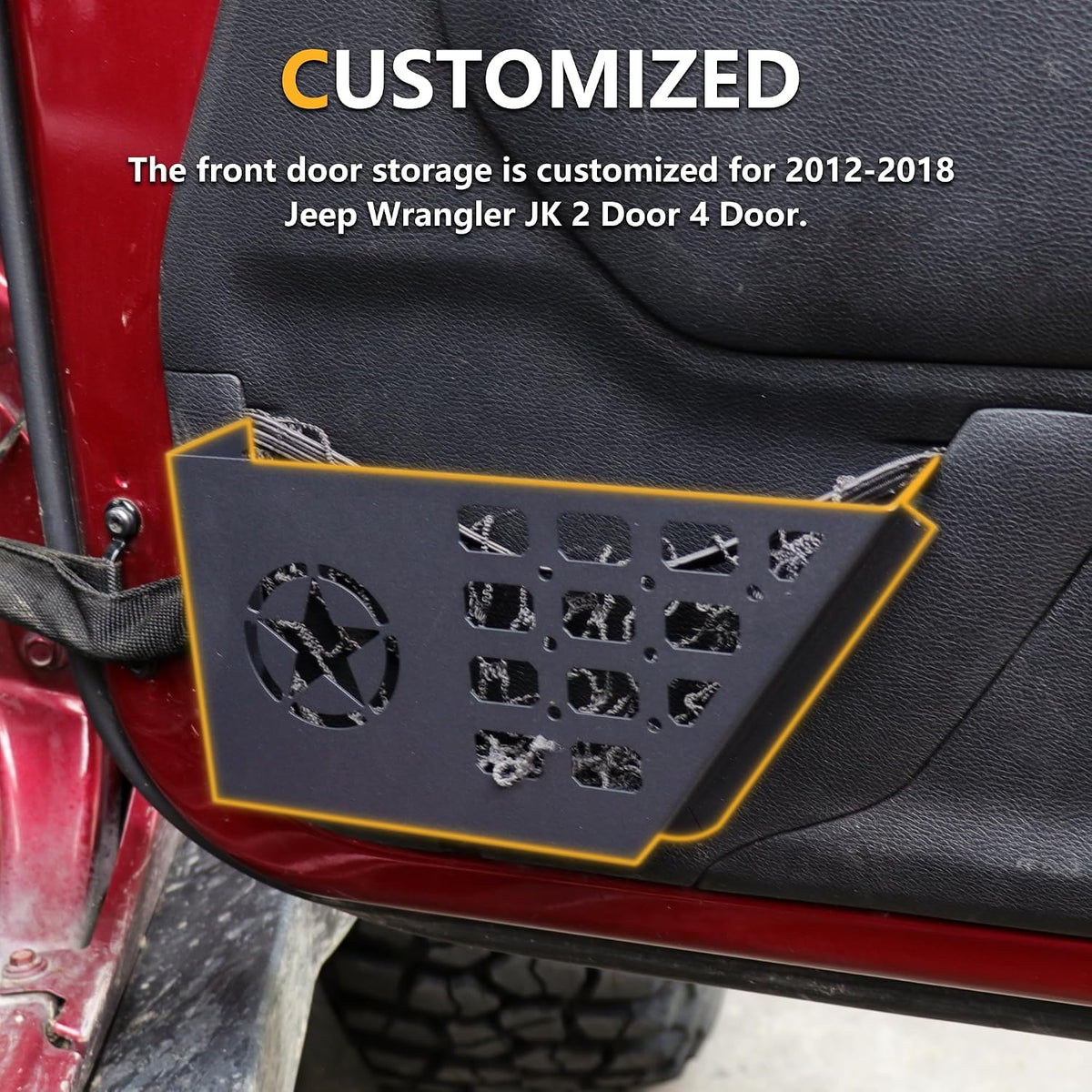 Front Door Storage Pockets Organizer Box for 2011-2018 Jeep Wrangler JK JKU Unlimited 2/4 Door Insert Storage Expansion Interior Accessories 2 Pack Black Metal with Star