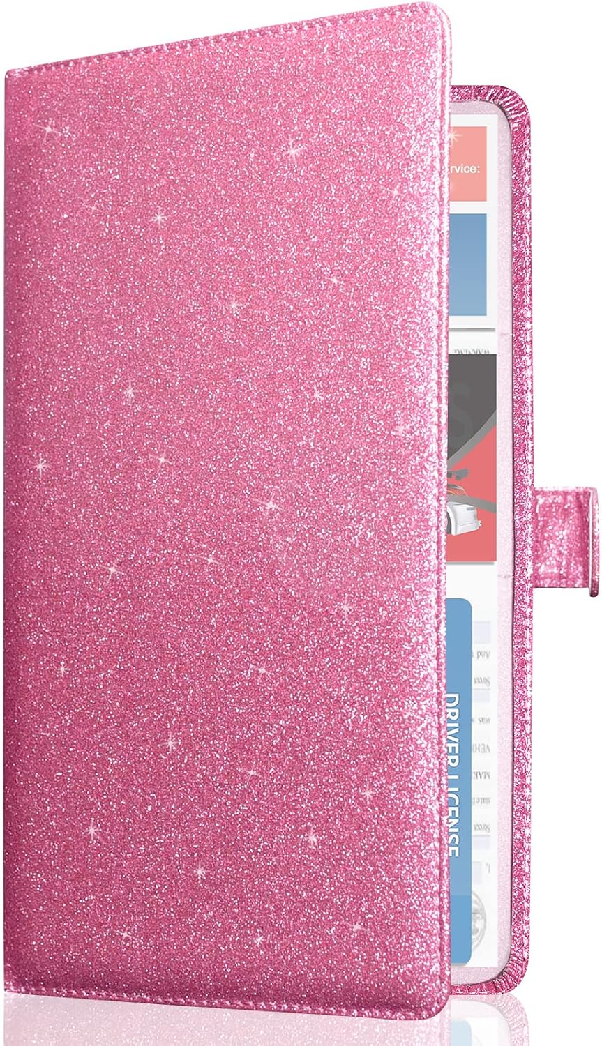 Car Registration and Insurance Holder Vehicle Glove Box Organizer Leather Car Document Holder for Driver's License, ID, Key Information Cards with Magnetic Closure, Glitter Pink