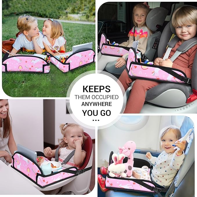 COOLBEBE Kids Travel Tray for Toddler Car Seat, Travel Tray for Airplane, Toddler Car Seat Lap Tray, Carseat Table Tray for Kids Travel Activities (Pink Unicorn -2PCS)