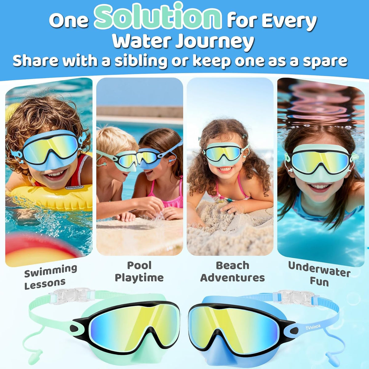 Vvinca Kids Swim Goggles - Anti-Fog Wide View with Nose Cover & Earplugs | For Ages 3-12