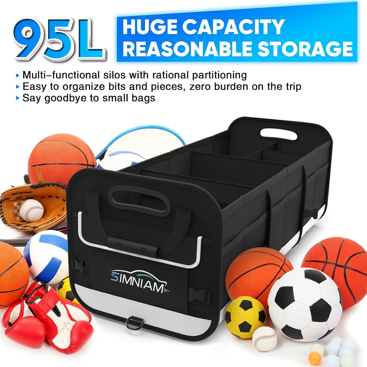 Simniam Large Car Trunk Organizer - with 5 Compartments Trunk Organizers and Storage SUV, Reinforced Handle, Securing Straps, Trunk Organizer Available for Car, SUV, Truck, Minivan