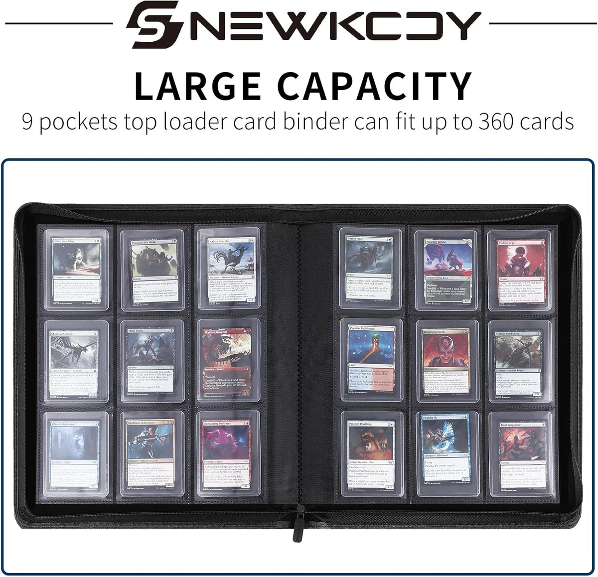 Snekdy Top Loader Binder - 9 Pocket Card Holder with Sleeves for 360 Cards | Black PU Leather