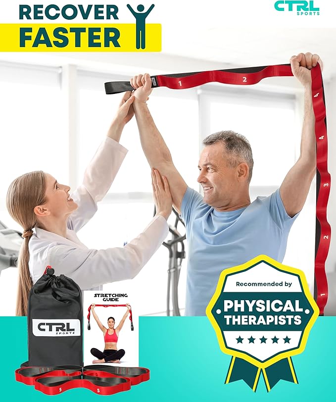 Stretching Strap with Loops - Non Elastic Stretch Band for Physical Therapy, Yoga Strap for Stretching Equipment, Stretch Bands for Exercise and Flexibility - Fascia, Hamstring & Leg Stretcher Belt