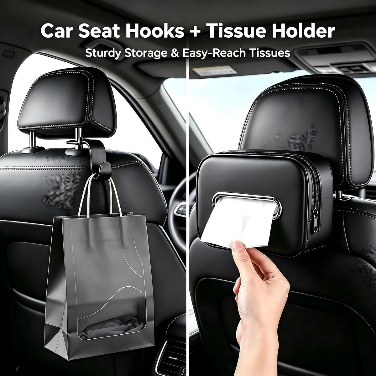 10 PCS Car Interior Organizer Accessories Set, Car Storage Kit with Seat Gap Organizer, Tissue Holder, Sun Visor Card Clip, Headrest Hooks, Cup Coasters & Keychain for Cars, SUVs (10-Pcs)