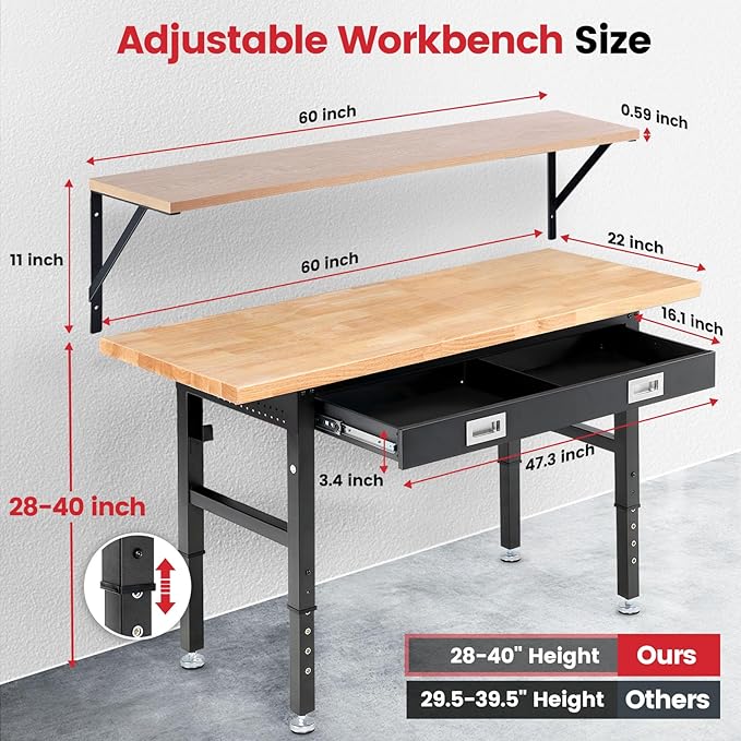ENJOYWOOD 60" x 22" Heavy Duty Workbench Adjustable Height Garage Work Table with Solid Rubberwood Top, Drawer & Power Outlets for Workshop, Home & Office