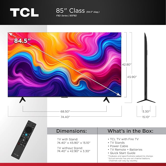 TCL 85-Inch Class F8D Series 4K QLED (85F8D, 2026 Model) with Dolby Vision HDR & Dolby Atmos, Smart Fire TV, Alexa+, 144Hz Refresh Rate, Game Accelerator 288, High Brightness LED Backlight