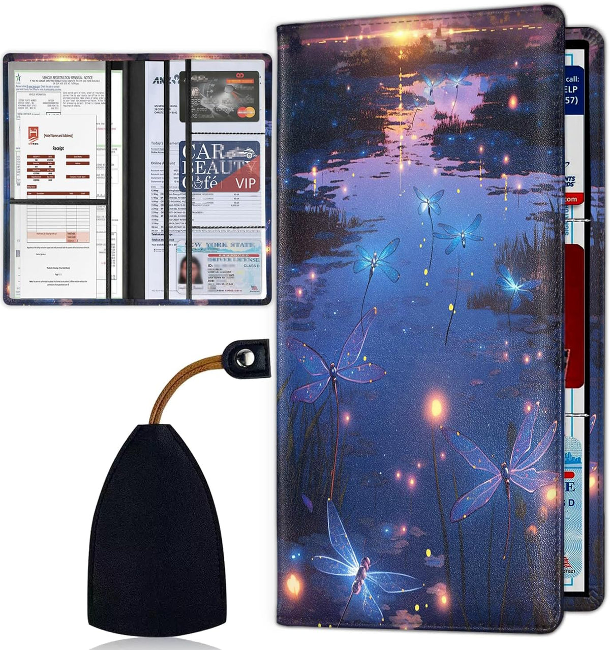 Car Document Holder with Magnetic Shut, Car Registration & Insurance Card Holder, Waterproof PU Leather Glove Box Organizer Vehicle Accessories Driver License for Women/Men, Dragonfly Pattern