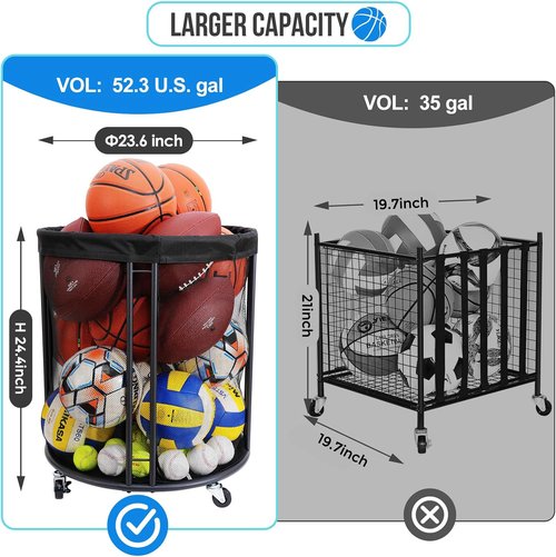 Ball Storage Bin - Rolling Basketball Rack for Indoor & Outdoor Use | Versatile Holder for Soccer & More