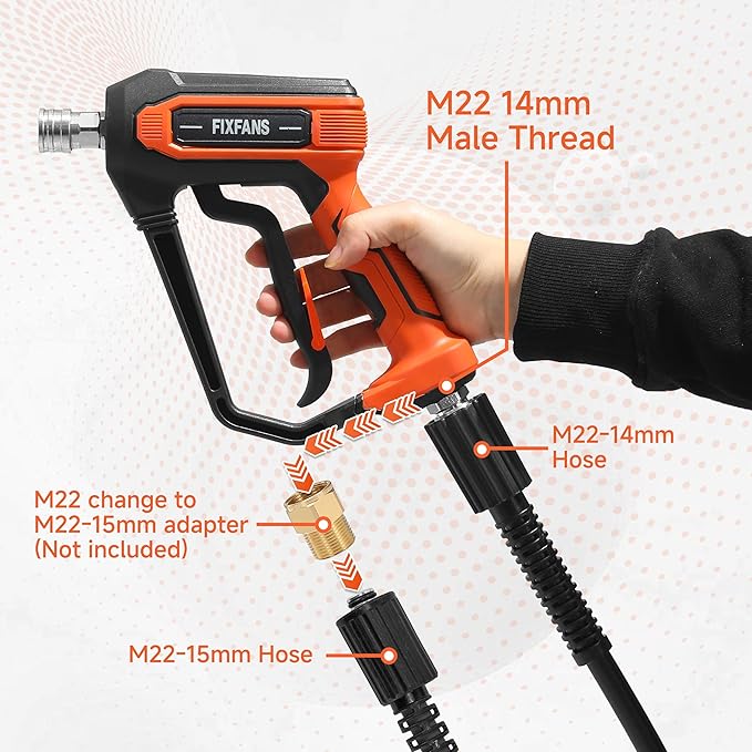 FIXFANS Pressure Washer Gun and Hose Kit, 25 FT High Power Washer Hose with Replacement Wand Extension, 5 Nozzle Tips, M22 Fitting