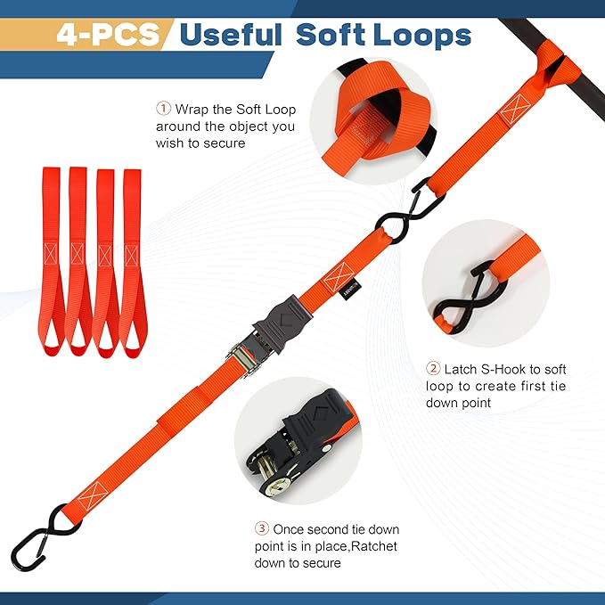 Ratchet Straps, Boat Tie Down Straps to Trailer, Motorcycle Straps, Kayak Tie Downs, 4-PK 1" x 15ft, 1800 LB Break Strength Safety Lock S Hooks & 4 Soft Loops-Secure, Rubber Coated Handle Orange
