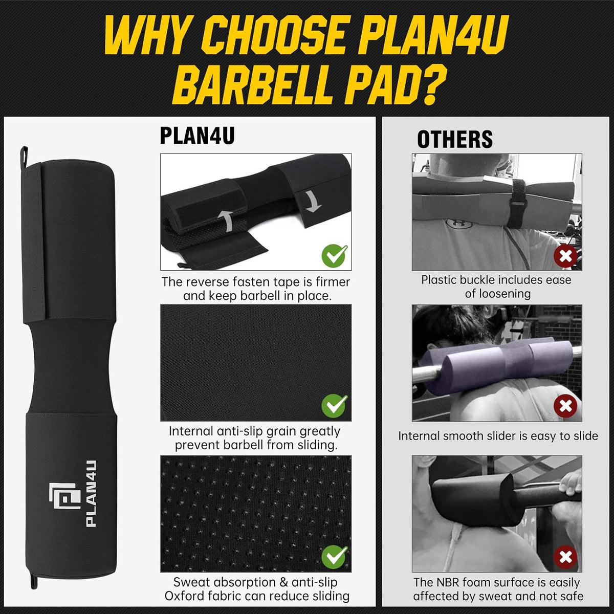 Plan4U Barbell Pad Set - Upgraded Foam Cushion for Squats & Hip Thrusts | Anti-Slip Support for Standard & Olympic Bars