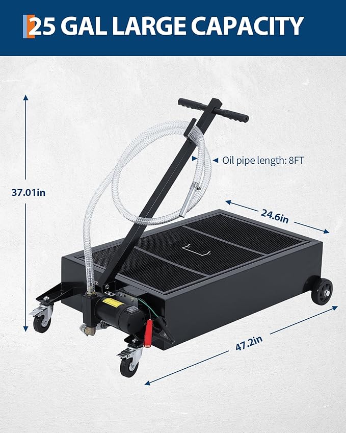 GarveeTech Low Profile Oil Drain Pan 12V, 25 gal Metal Oil Change Pan Large Capacity with 180W Electric Pump, 8 ft Hose & Folding Handle for Cars, SUVs, Trucks, Buses, RVs, Black