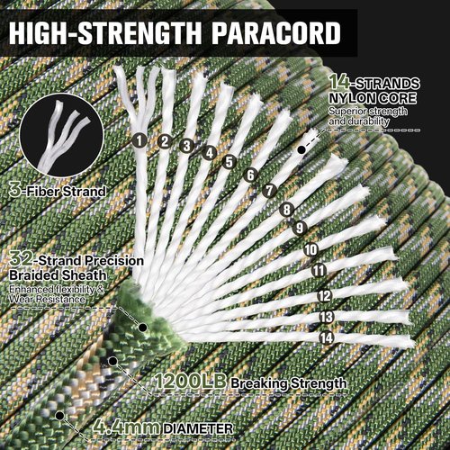 1200 Paracord Rope - 4.4mm 14 Strand Nylon for Outdoor Camping & DIY Projects | Camo Green 100FT