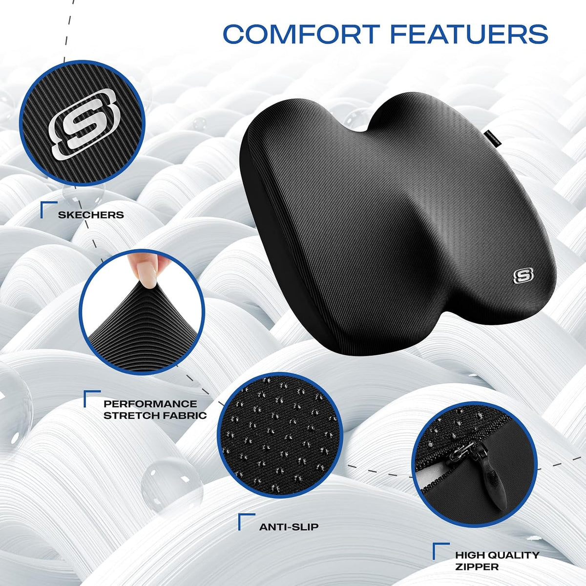 Skechers Seat Cushion, Ergonomic Memory Foam Cushion for Long Sitting Hours on Office & Home Chair, Car Seat Cushion for Sciatica, Coccyx Cushion,Black