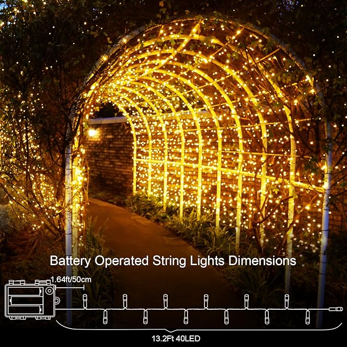 echosari 2 Pack Battery Operated String Lights, 13.2Ft 40 LED Green Wire Fairy String Lights, Waterproof Fairy Lights for Xmas Tree Wreaths Garden Wedding Party Decor (Warm White)