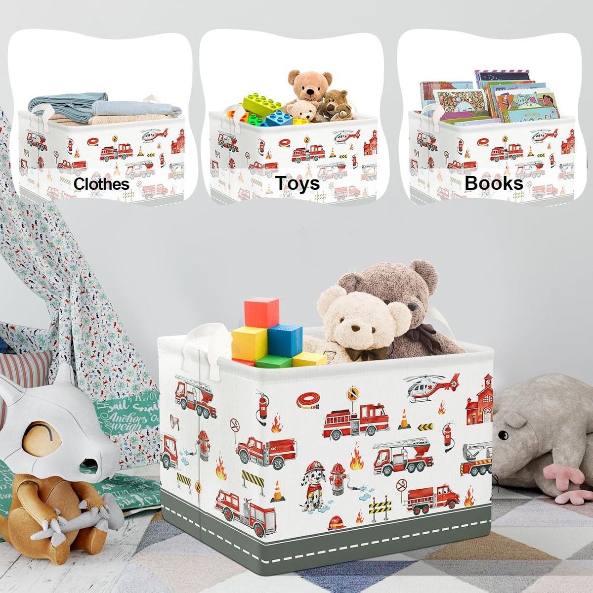 Clastyle Rectangle Large Red Fire Car Boy Gift Basket Collapsible Spotted Dog Engine Book Shelf Basket Toy Clothes Cube Storage Basket for Kids Room Nursery