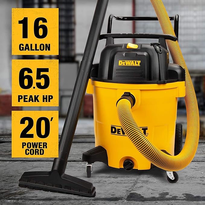 DEWALT DXV16PA 16 Gallon Poly Wet/Dry Vac/Acc, 6.5HP Shop Vacuum Wet/Dry for Jobsite/Workshop, Yellow