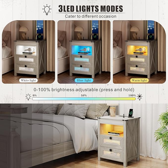 Night Stand with Gun Drawer, Bedside Table with Charging Station & LED Light, Gun Nightstand for Bedroom Living Room, Rustic Grey