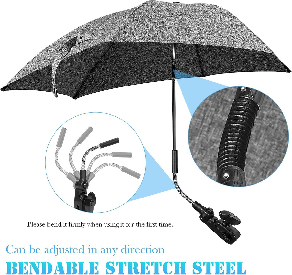 Skiennix Chair Umbrella - 78cm UV Protection Sun Shade with 360° Adjustable Clip-On Clamp for Strollers & Beach Chairs