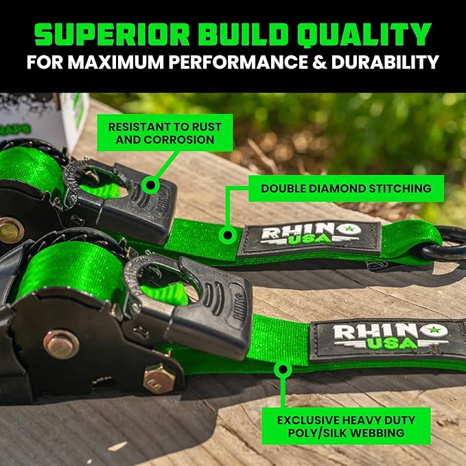 Rhino USA Retractable Ratchet Straps (2-Pack) - 2 Inch x 10 Feet (3,033lb Break Strength) - Heavy Duty Auto Self Retracting Tie Down Straps for Truck, Cargo Trailer, Motorcycle, Rad & More - Green