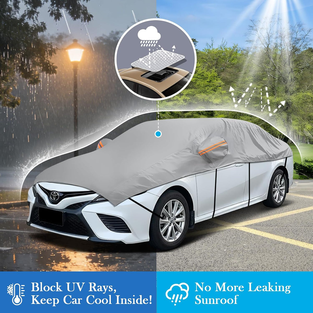 Waterproof Half Car Cover for Large SUV L, Outdoor Roof & Windshield Protector with Cotton Liner, All Weather Top Half Cover for Rain, Snow, Sun, Dust and Debris, Fits Most Full Size SUVs