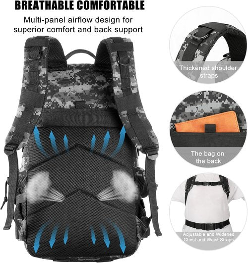 Military Tactical Backpack - 25L Molle Assault Pack for Men | Water-Resistant Heavy-Duty Rucksack - Black Digital Camo