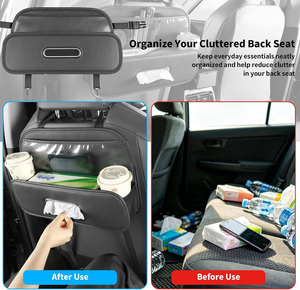 Car Back Seat Organizer,Storage with Cup Holder Tissue Box Holder